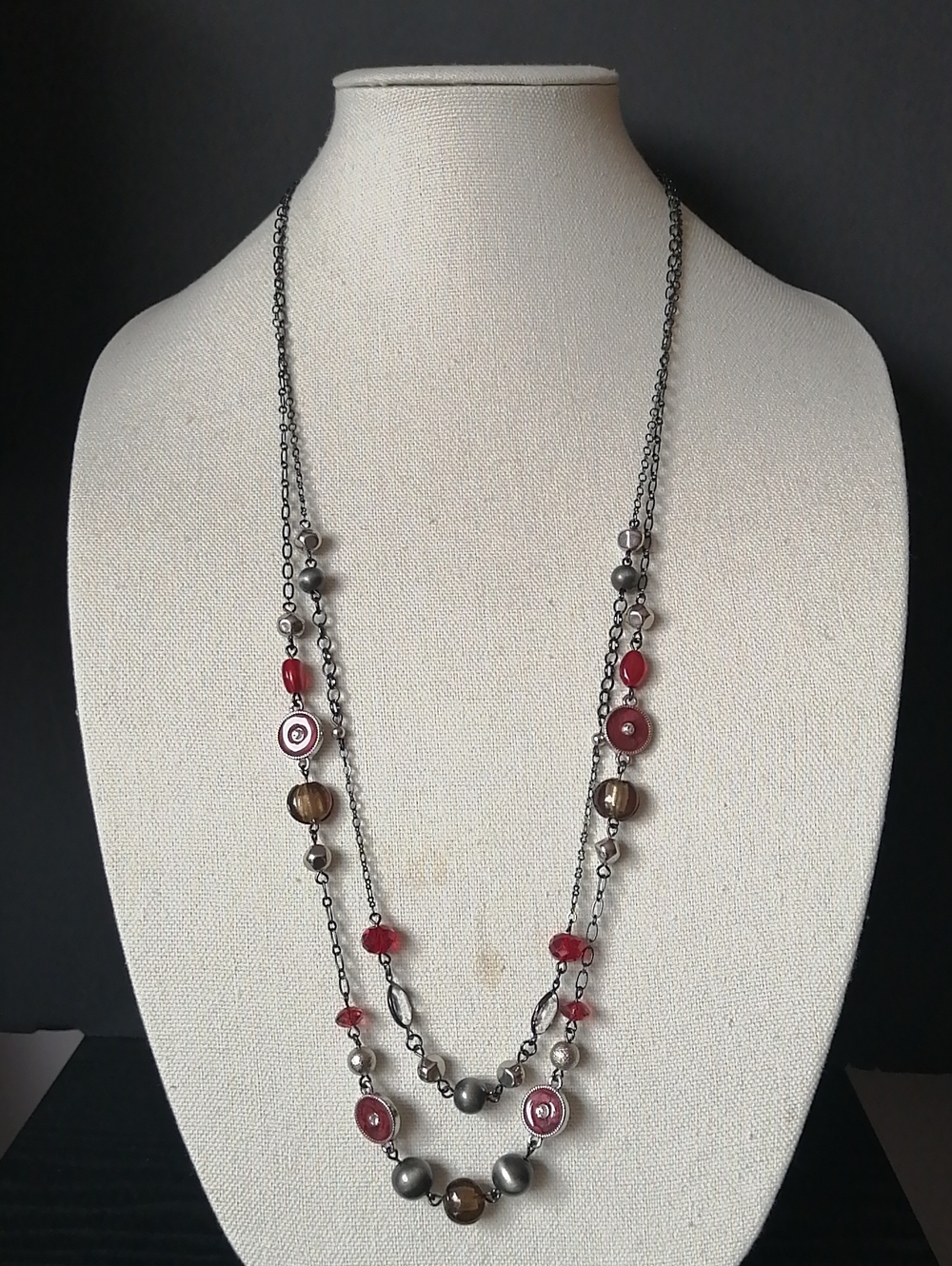 🔥5/$25🔥Silvertone Multi-Bead Long Necklace with Red and Brown Accents
